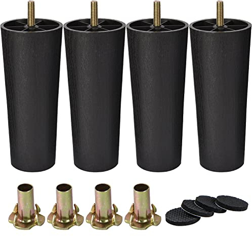 Lavane Direct 6 inch Plastic Furniture Legs, 4PCS Mid Century Modern Tapered Replacement Bun Feet with Pre-Drilled M8 5/16 Inch Bolt & Mounting Plate & Screws for Sofa Couch Cabinet Loveseats Ottoman