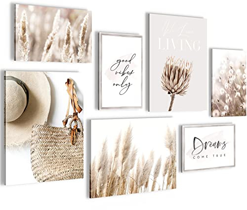 Novart Wandbilder Boho Pampasgras - KOMPLETT AUFHÄNGFERTIG - Beige Rosa Wohnzimmer Schlafzimmer - 7 Moderne Mood-Bilder - N006671a