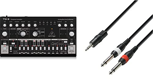 Behringer TD-3-BK Analoger Bass-Line-Synthesizer mit VCO, VCF, 16-stufigem Sequenzer & Adam Hall Cables K3YWPP0300 Audiokabel 3,5mm Klinke stereo auf 2 x 6,3mm Klinke mono 3m