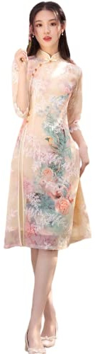 Women Summer Dress,Embroidered Ao Dai Cheongsam Dress,Chinese Classical Tang Suit Hanfu Qipao Clothing, Champagne-gold, Small