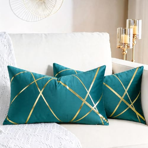 DecorMommt Velours Housse de Coussin 30x50 Cm Bleu Vert Coussin Lignes Dorées Décoratifs Housses d'oreiller Géométrie Coussin Salon Chambre Banc Auto Taie Coussin canapé Hivernal Lot de 2