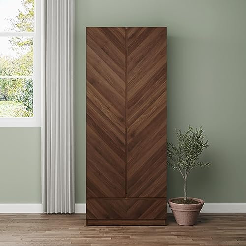 GFW Catania 2 Door Hanging Rail Deep Top Storage Shelf & Drawer Wooden Wardrobe, Modern Bedroom Furniture Clothes Storage With Wood-Grain Finish, Walnut, H195cm x W79cm x L51.5cm