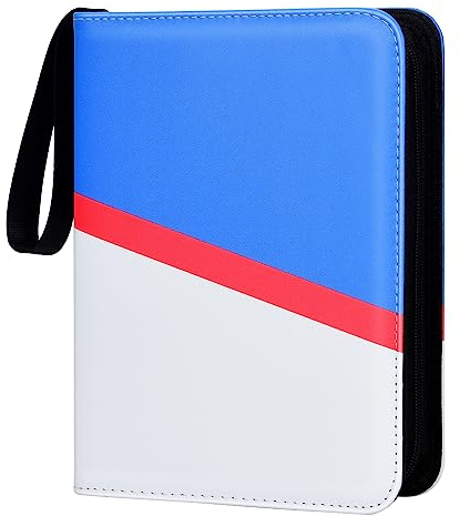 Zettokete Trading Card Binder 4 Pocket with Zipper & Hand Strap, Holds Up to 400 Cards, PU Leather TCG Binder for Collectors, Blue & White