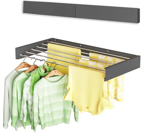 Vikaqi Wall Mounted Clothes Drying Rack 40, Foldable Wall Mount Laundry Rack Folding Indoor, Drying Rack Clothing Collapsible, Hidden Space Saver with Wall Template, 6 Rods, Black
