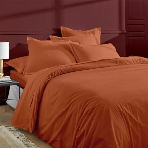 Duquennoy & Lepers – Parure de Lit 2 Personnes 260x240 CM et 2 Taies – Percale 80 Fils 100% Coton Qualité Hôtel – Housse de Couette Grand Lit Finition Rabat – Oeko-TEX® Made in Green – Terracotta