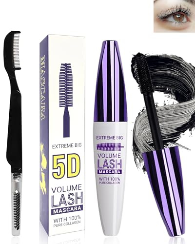 5D Schwarz Seidenfaser Wimpern Wimperntusche Wasserfest mit Wimpernkammbürste,Black Telescopic Waterproof Colored Mascara,Verlängerndes,Voluminöses,Langlebiges,Cosplay Party Use Bunt Augen Makeup-01