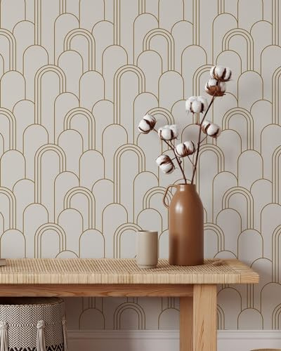 Coloritto Vintage Art Deco Wallpaper | Removable Self Adhesive Geometrical Pattern | Matte Gold Peel and Stick Wallpaper (Sample 12 W x 8 H)