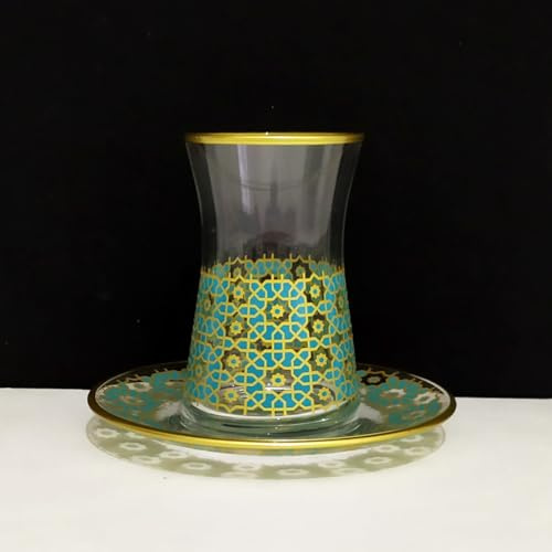 ABKAKRISTAL Set of 6 Turkish Tea Glass & Saucer Set - Gold & Turquoisse Color Design 120ml - Dishwasher-Safe - Gift Box (12 Pieces)