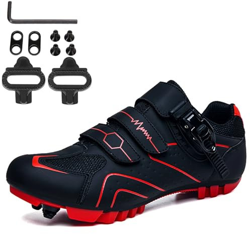 NGARY Fahrradschuhe MTB Herren, Mountainbike Schuhe kompatibel mit SPD 2 Schrauben mit Cleats, Unisex Radsportschuhe Draussen,Black red,43 EU
