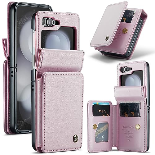 XIMAND for Samsung Galaxy Z Flip 6 Wallet Case with RFID Blocking and 4 Credit Card Holder, Premium Durable Leather Magnetic Clasp Kickstand Heavy Duty Shockproof Protective Cover.- Pink
