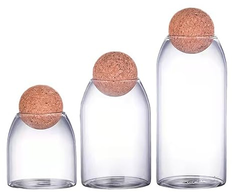 BestAlice Confezione da 3 Barattoli in Vetro con Coperchio in Sughero, Barattoli con Coperchi Ermetici, Barattoli Trasparenti per Esposizione e Conservazione Sul Bancone
