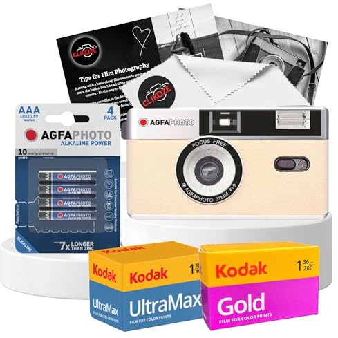 Set di fotocamere da 35 mm con fotocamera AgfaPhoto riutilizzabile da 35 mm, pellicola per fotocamera Kodak Ultramax 400 36 exp, Kodak Gold 200 36 exp, batteria e panno per obiettivo Clikoze con