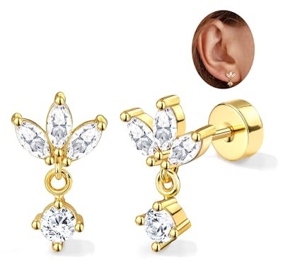 Adramata 2Pcs Helix Piercings Chirurgenstahl Ohrringe für Damen 16G Tragus Piercing Innengewinde Knorpel Ohrringe Ohrstecker Hypoallergen Piercing Ohr Tragus Conch Helix Piercing Gold Silber