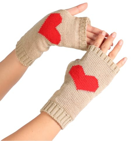 CABODYALS 2 Paar Fingerlose Strickhandschuhe Mit Herzmotiv Handschuhe Mit Daumenloch Süß Khaki Beige Valentinstag Weiche Handwärmer Strick Pulswärmer Handschuhe Fäustlinge Für Damen Unisex Tippen Auto