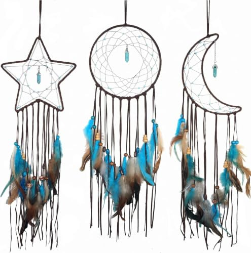 Acchiappasogni a forma di stella, luna, sole, decorazione per la casa e accessorio per la camera dei bambini, acchiappasogni con decorazione a piuma, ciondolo da parete unico per la casa (marrone)