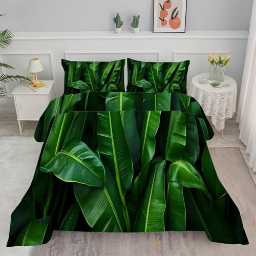 Bettdecke 200x220 Ohne Bezug Nutzbar, Palmenblattpflanzen Bettdecken Waschbar Ganzjahresdecke Pflanzen 4 Jahreszeiten Steppdecke, Bettzeug Microfaser mit 2 Kissenbezug für Sommer Winter Doppelbett