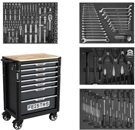 FEISTOS Werkzeugwagen Mento 2 | Werkstattwagen bestückt mit 158 Teilen | Schwarz | 73x48x98 cm | Modular & abschließbar