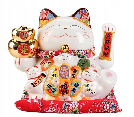 MANEKI NEKO 11 Inch Ceramic CHINESE LUCK CAT with Swing Arm (28cm)