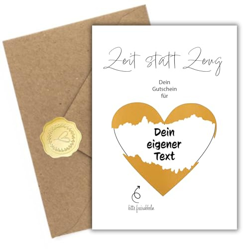 Delis Designs 5er-Set DIY Rubbellose – „Zeit statt Zeug“ Rubbelkarten – Je 5 Karten, goldene Rubbelherzen, Kraftpapier-Umschläge & Siegelsticker – Personalisierbare Gutscheine & geheime Botschaften