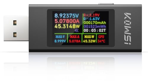 YEREADW USB Tester Messgerät Multimeter Digital, 4-30V 0-12A PD QC USB Voltmeter Power Meter Kapazität Spannungsprüfer Strommessgerät, USB Leistungskapazität Detektor (KWS-MX23)