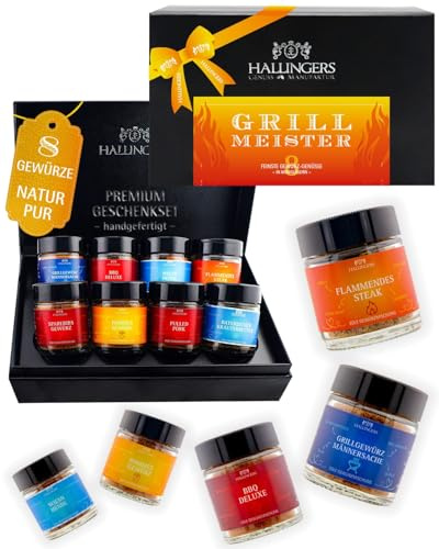 Hallingers Genuss Manufaktur Gewürz Geschenk-Set - 8 Gewürze aus aller Welt in wertiger Geschenkbox mit Rezept-Booklet Grillmeister, Geschenkidee für Männer Freund