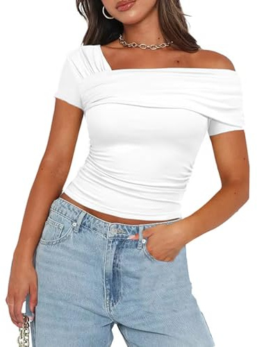 PICKLION Womens Off Shoulder Tops Boat Neck Slim Fitted T-Shirt Blouse Tunics Summer Outfits White