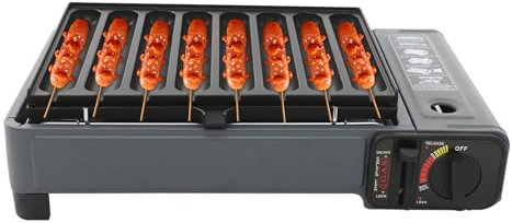 Hornillo portátil de gas para camping hornillo con bandeja colectora de grasa y plancha, llama ajustable, protección contra sobrepresión, regulación