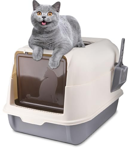 OHMG Caja de arena para gatos, con tapa y accesorios, incluye pala y alfombrilla, caja de arena para gatos, tamaño XXL, bandeja extensible (ceniza-36 x 51 x 34 cm)
