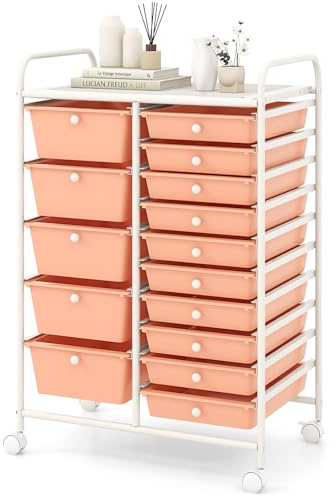 GOPLUS Rollwagen mit 15 Schubladen, Schubladenwagen Farbewahl, Beistellwagen Haushaltswagen Rollcontainer Badrollwagen Badtrolley Badregal (zarter Pfirsich)