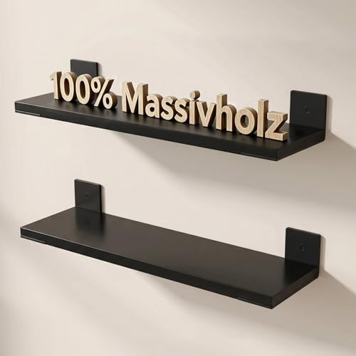 Aimato Wandregal 60cm 2er Set, Massivholz Schweberegal, Schwarz&Schwarz | Regal Wand mit Stahlwinkel, 15kg Tragkraft Wandregal Holz für Wohnzimmer/Schlafzimmer/Büro