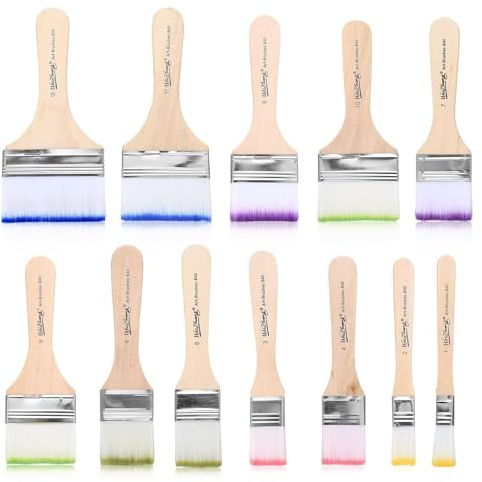 12 Stück Flachpinsel Set, Pinsel Acrylfarbe Breite Künstlerpinsel Aquarell Ölfarben Pinsel mit Holzgriff Acryl Pinsel Set für Ölgemälde Malen Acrylmalerei