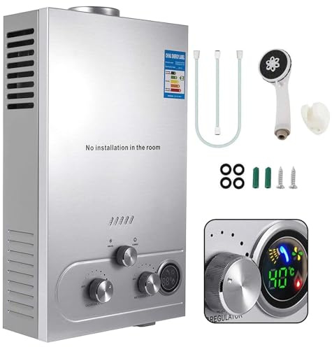 Chauffe-eau à Gaz 12LPM, Chauffe-eau Instantané au Gaz Propane GPL 6L avec Kit de douche, Modes Hiver Et éTé, Protection Contre La Surchauffe, pour brûleur de chaudière pour Camping, Maison (6L 12kw)
