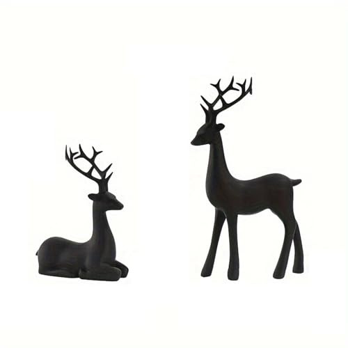 BABWWNIX 2 Pcs Christmas Reindeer Sculpture, Resin Christmas Reindeer Figurines Deer Statues Elk Sculpture Deer Ornaments for Home Decor (Black, One Size)
