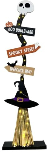 Halloween Porch Decor, Halloween Porch Sign 43.3'' Wood Decor with Light Strip Easy Assembly Witch Broom Shape Road Sign with Skeleton Top for Outdoor, Witch Broom