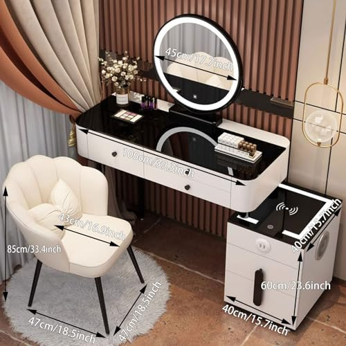 LED-upplyst sminkbord med spegel 3 lådor förvaringspall ingår perfekt för sovrum snyggt toalettbord med hyllor för Beauty Essentials.