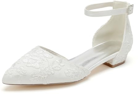 LRMYMHY Ballerine da Sposa con Punta A Punta in Pizzo per Donna Cinturino alla Caviglia Scarpe da Sposa con Tacco Basso,Avorio,41 EU