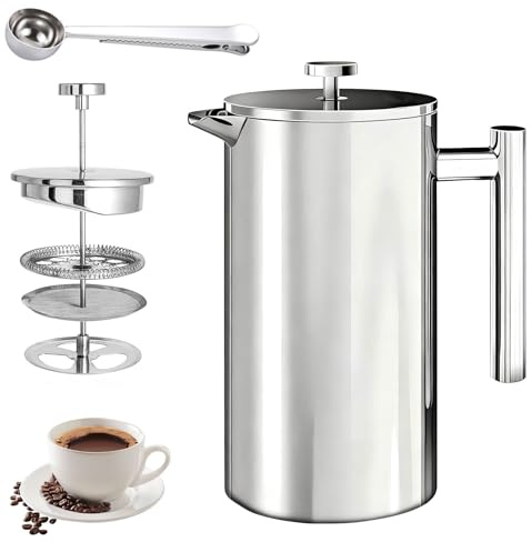 Yeqqzq Cafetiere French Press Coffee Maker 350 ml, Double Wall Insulated French Press Stainless Steel, Easy Clean Tea Brewer, 3-Layer Filter, Cold Brew Cafetiere, Kitchen & Camping