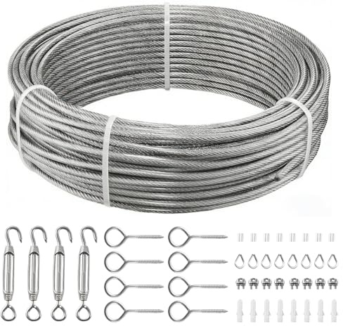 VEVOR Cable de Acero Inoxidable 304 Diámetro de 3,2 mm, Rollo de Cuerda de Alambre 30,5 m, Resistencia a la Rotura de 2 KN, Construcción de 7 x 7, para Barandillas de Terraza, Enrejados de Jardín