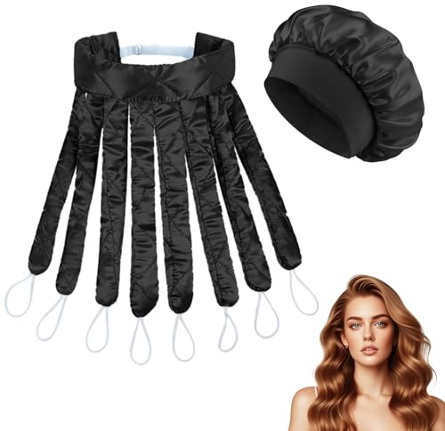 Rizadores sin calor para cabello largo, diadema de uso nocturno con varillas para peinar ondas en cabello corto y largo (negro - incluye gorro de dormir)
