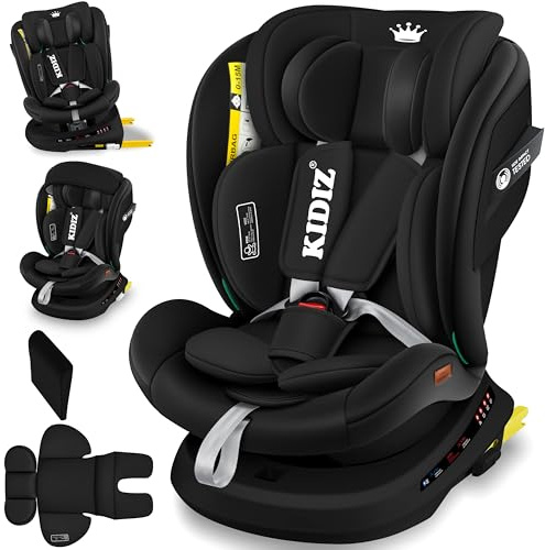 KIDIZ® Autokindersitz mit Isofix i-Size R129 100-150cm bis 12 Jahre, Kinderautositz Gruppe 0/1/2/3, mitwachsender Kindersitz, 5-Punkt-Gurt, höhenverstellbare Kopfstütze, Sitzerhöhung Auto, Schwarz
