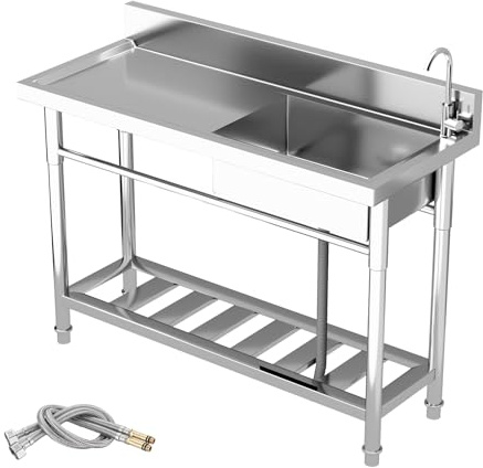 47 Stainless Steel Utility Sink, Commercial Kitchen Sink with 5.7 Drainboard & Bottom Shelf, 360° Swivel Hot/Cold Faucet, Commercial Sink for Restaurant, Backyard BBQ, Mudroom