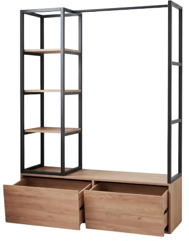 MinteLiv Schmaler Kleiderständer mit 2 Schubladen, 40cm tief, 120x180cm | Offener Kleiderschrank, 2 große Schubladen, Metallrahmen, MDF Holz-Optik, für Flur, Schlafzimmer, Ankleidezimmer