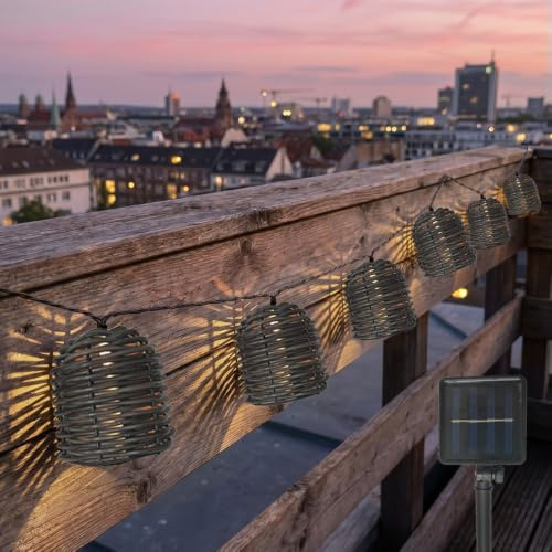 YOFHPT 10 Stück LED Lichterkette Lampions Außen, 3.8m Lichterkette Rattan | Wetterfest Lichter-kette Außen Solar Boho, Solar Lichterk-ette Aussen für Garten, Balkon, Warmweiß