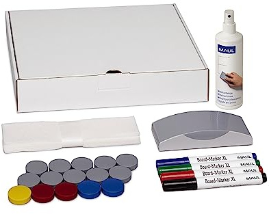 MAUL Whiteboard Zubehör Set weiß mit Markern Magneten Reiniger | saubere Tafel im Handumdrehen, griffbereite Komplettausstattung, leuchtende Schreibfarben, mühelos abwischbare Notizen
