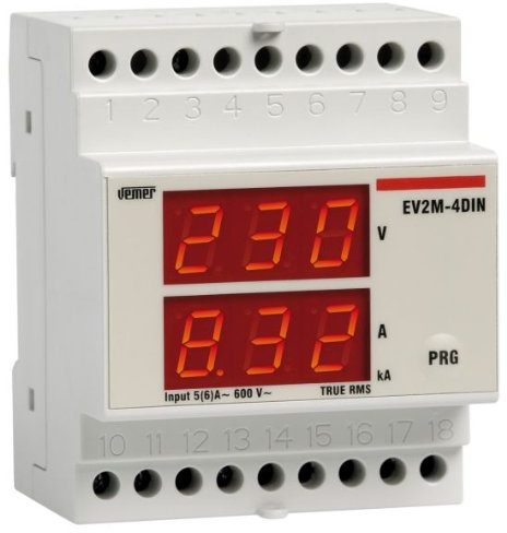 VEMER VE196200 EV2M-4DIN - Multimetro Digitale Monofase (Amperometro e Voltmetro) per Visualizzazione di Corrente e Tensione, Alimentazione 230V, Installazione su Barra DIN (4 moduli), Bianco