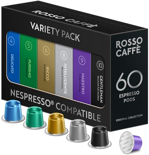 ROSSO CAFFÈ Nespresso 60 Capsules, 6 Variétés Premium Espresso Assortiment, Capsules Café compatibles Nespresso, compatible avec Machines Originales