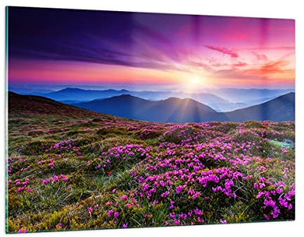 Bilder auf Glas 120x80cm Wandbild Glasdruck Landschaften Natur - 2719 | Wiese Berg Himmel Groß XXL Modern Dekoration Wohnzimmer Schlafzimmer Küche Wanddeko Kunstdruck Art Wall Decor ARTTOR