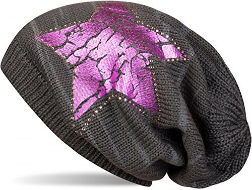 styleBREAKER Damen Beanie Stern Strass Streifen 58cm | Slouch Longbeanie. elastisches Material. weiche Haptik. Bundweite 19cm. Einheitsgröße. Glitzer Applikation.
