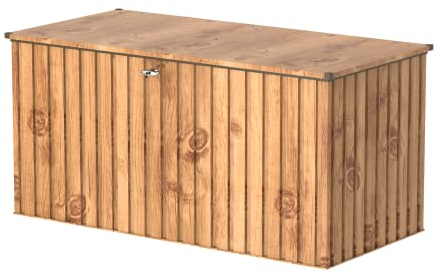 Duramax DH 1.9 (1450 L) Kissenbox aus Metall mit hydraulischer Gasdruckfeder und Vorhängeschlossöse, Terrassenbox und Gartenmöbelaufbewahrung für den Außenbereich, Holzmaserung