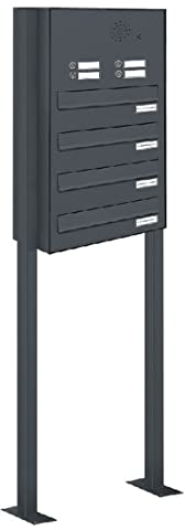 AL Briefkastensysteme 4er Durchwurfbriefkasten, 4 Fach Briefkasten mit Klingel, wetterfeste Standbriefkastenanlage in Antrazitgrau mit Vier Fächern